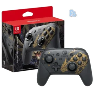 Nintendo Switch Pro Controller Monster Hunter Rise Edition in black featuring gold Monster Hunter-inspired artwork with a sleek ergonomic design, wireless connectivity, motion controls, HD rumble, and built-in amiibo support for Nintendo Switch gameplay.