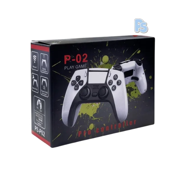 P-02 Play Game Wireless Controller for PS4_PC_Android (2) P-02 Play Game Wireless Controller for PS4, PC, and Android featuring ergonomic design, wireless connectivity, dual vibration feedback, and responsive gaming controls.